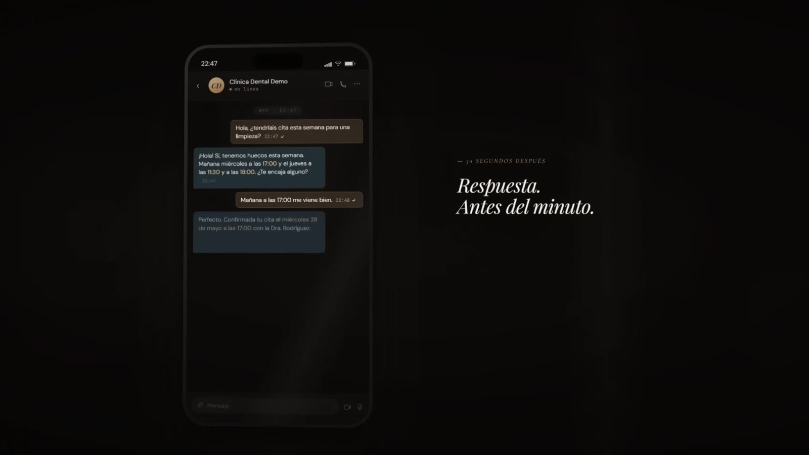 Demostración del sistema Vektora: una clínica responde a un paciente a las 22:47 en menos de un minuto
